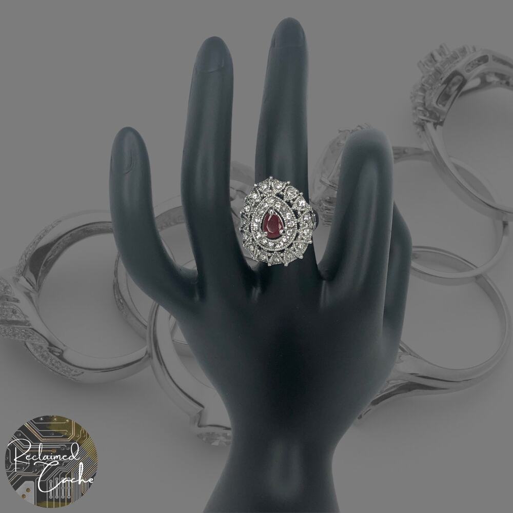 Silver and Red Rhinestone Statement Ring - Size 7.5